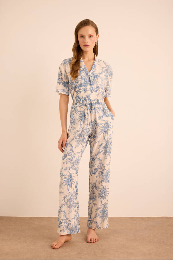 Mavi Desenli Viscon Keten , Beli Lastikli Pijama Altı - 1