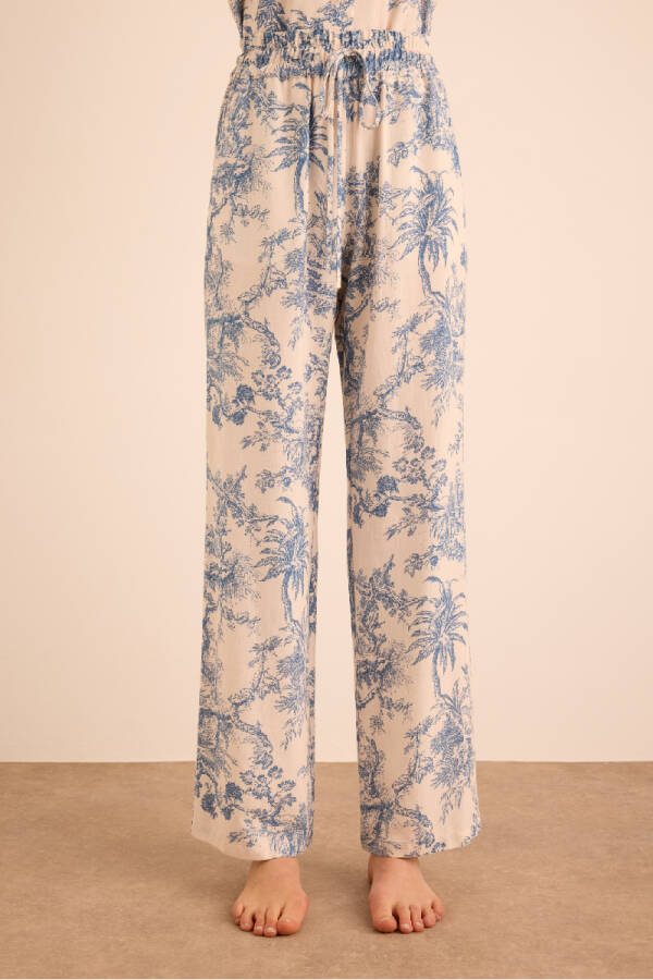 Mavi Desenli Viscon Keten , Beli Lastikli Pijama Altı - Aker (1)