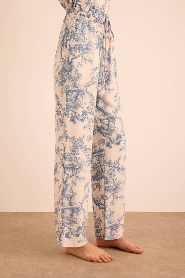 Mavi Desenli Viscon Keten , Beli Lastikli Pijama Altı - 3