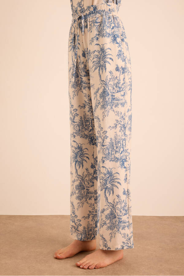 Mavi Desenli Viscon Keten , Beli Lastikli Pijama Altı - 4