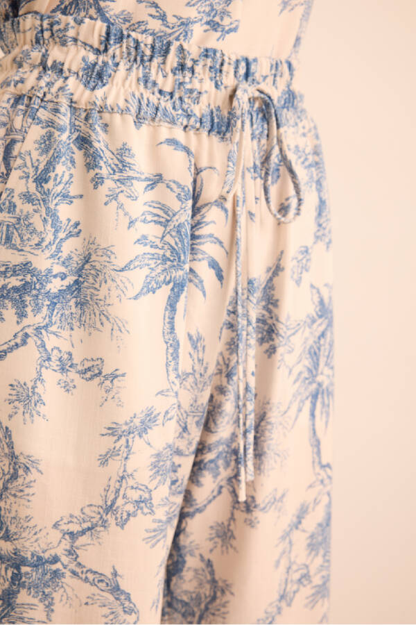 Mavi Desenli Viscon Keten , Beli Lastikli Pijama Altı - 5