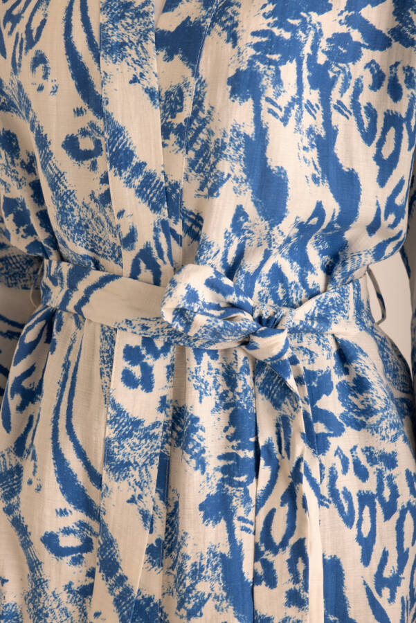 Mavi Desenli Viscon Keten Kimono - 3