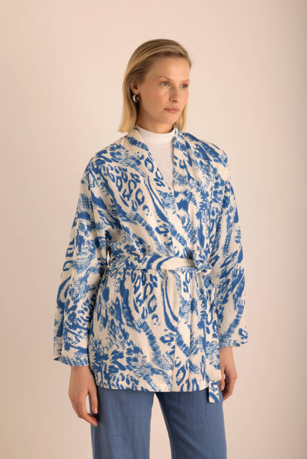 Mavi Desenli Viscon Keten Kimono - Aker (1)