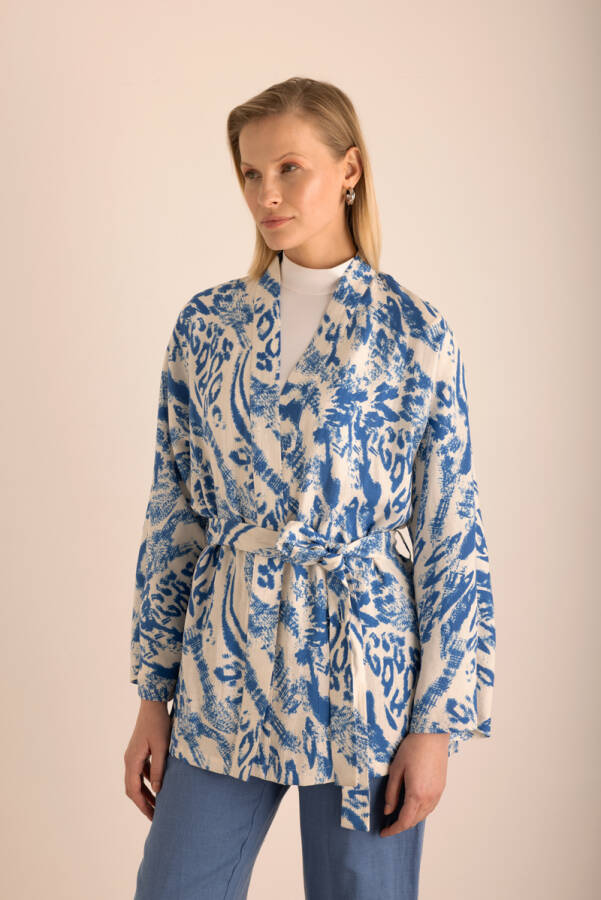 Mavi Desenli Viscon Keten Kimono - 4