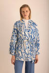 Mavi Desenli Viscon Keten Kimono - 5