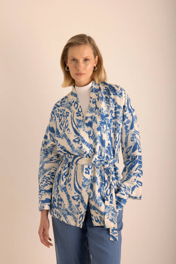 Mavi Desenli Viscon Keten Kimono - Aker