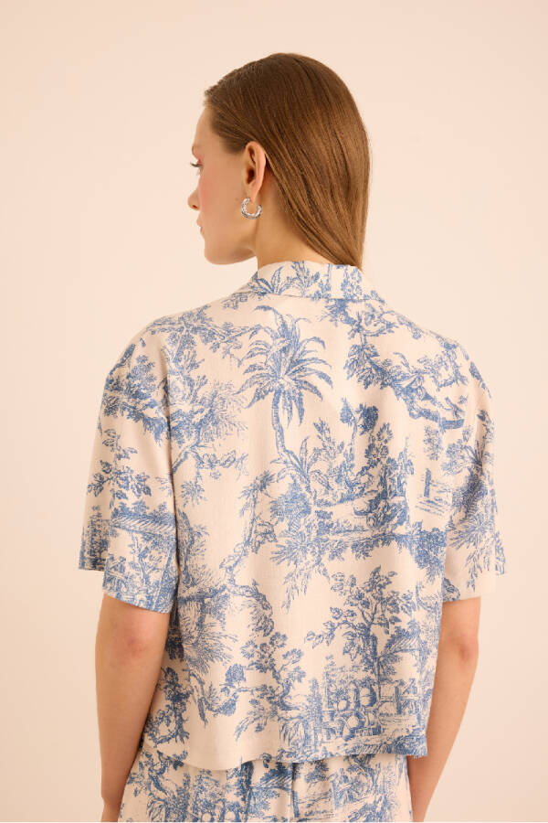 Mavi Desenli Viscon Keten , Önden Düğmeli Pijama Üstü - 6