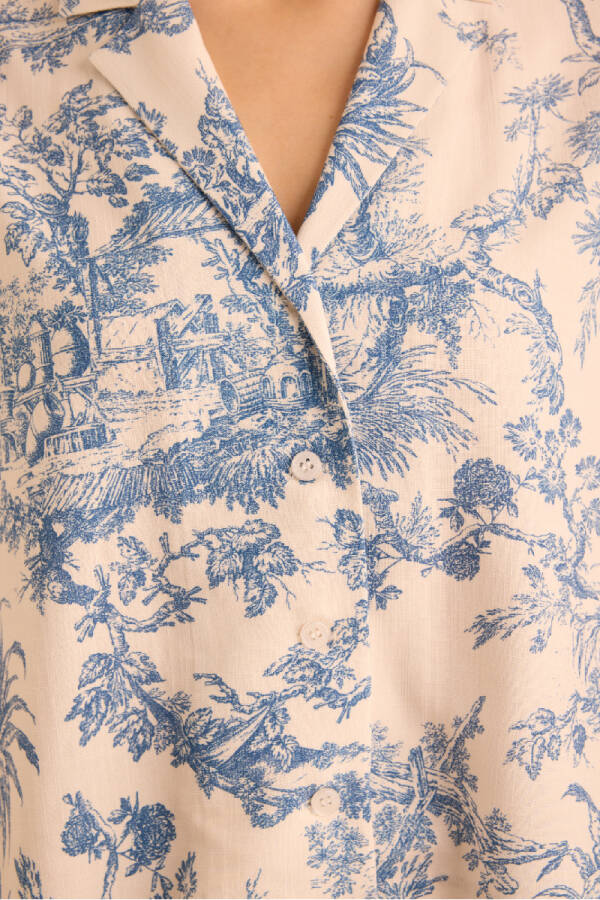 Mavi Desenli Viscon Keten , Önden Düğmeli Pijama Üstü - 3