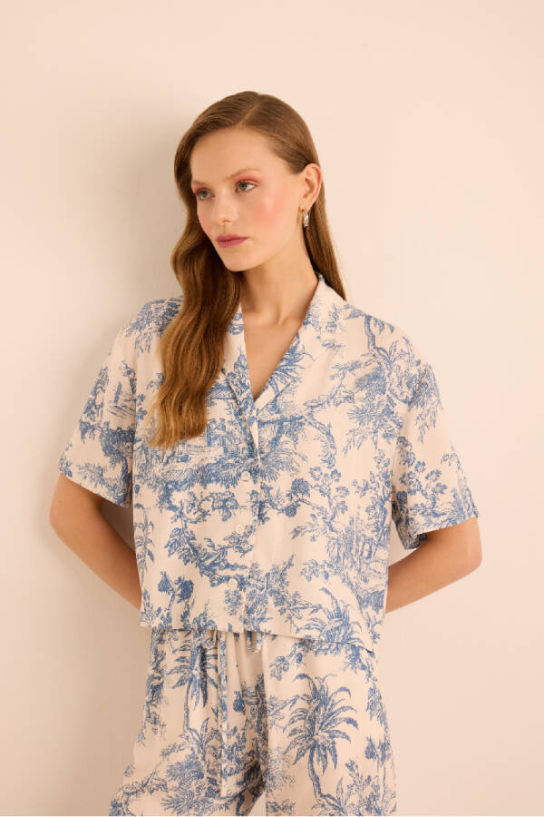 Mavi Desenli Viscon Keten , Önden Düğmeli Pijama Üstü - 4