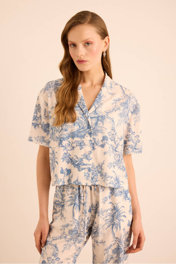 Mavi Desenli Viscon Keten , Önden Düğmeli Pijama Üstü - Aker (1)