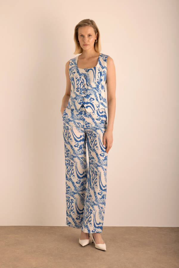 Mavi Desenli Viscon Keten Pantolon - 1