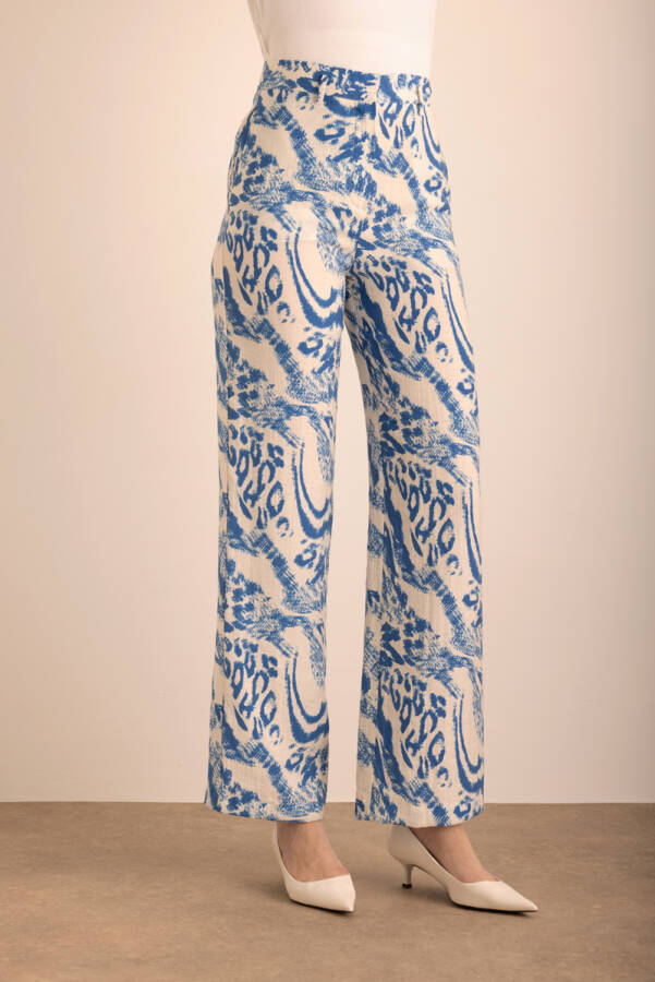 Mavi Desenli Viscon Keten Pantolon - 4