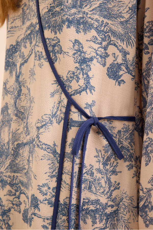 Mavi Desenli Viscon Keten ,Yandan Bağlama Detaylı Sabahlık - 3