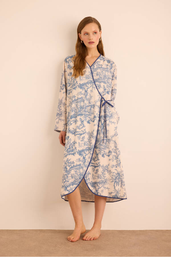 Mavi Desenli Viscon Keten ,Yandan Bağlama Detaylı Sabahlık - 4
