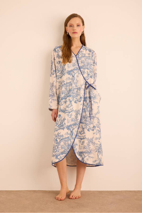 Mavi Desenli Viscon Keten ,Yandan Bağlama Detaylı Sabahlık - 2