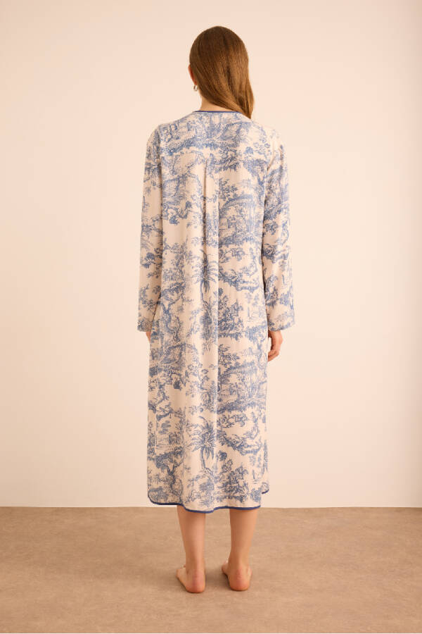 Mavi Desenli Viscon Keten ,Yandan Bağlama Detaylı Sabahlık - 5