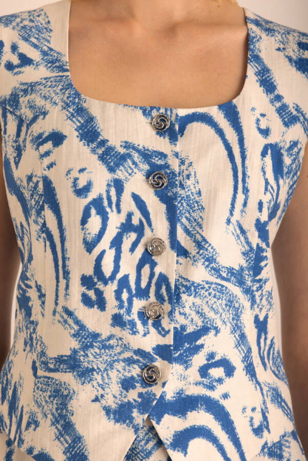 Mavi Desenli Viscon Keten Yelek - 3