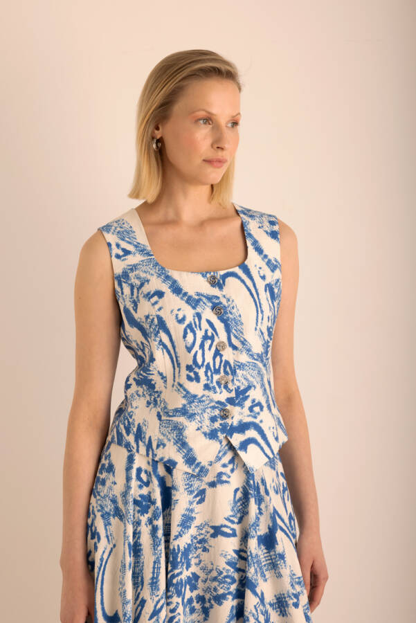 Mavi Desenli Viscon Keten Yelek - 5