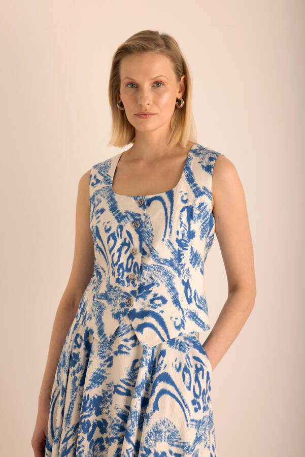 Mavi Desenli Viscon Keten Yelek - Aker