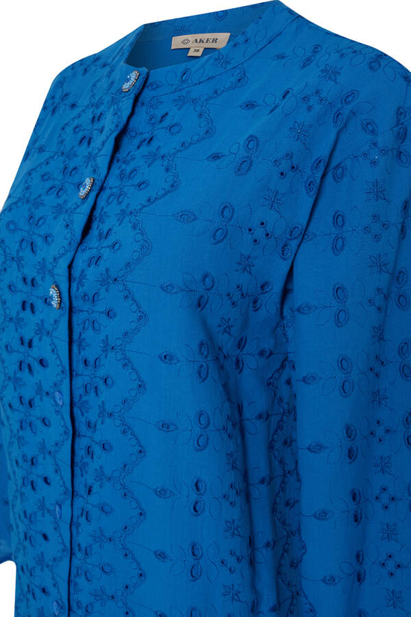 Mavi Hakim Yaka Brode Elbise - 2