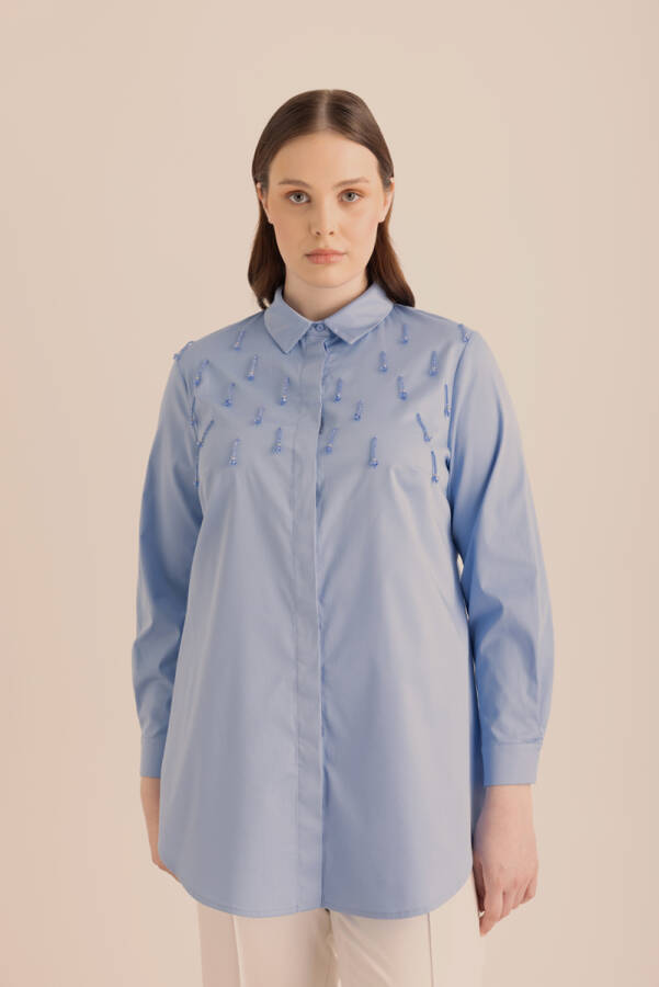 Mavi İşlemeli Cotton Gömlek - 2