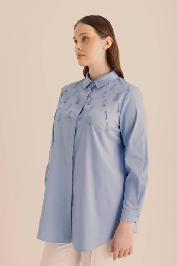 Mavi İşlemeli Cotton Gömlek - 5
