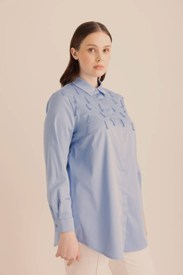 Mavi İşlemeli Cotton Gömlek - 4