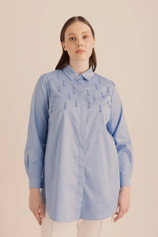 Mavi İşlemeli Cotton Gömlek - Aker