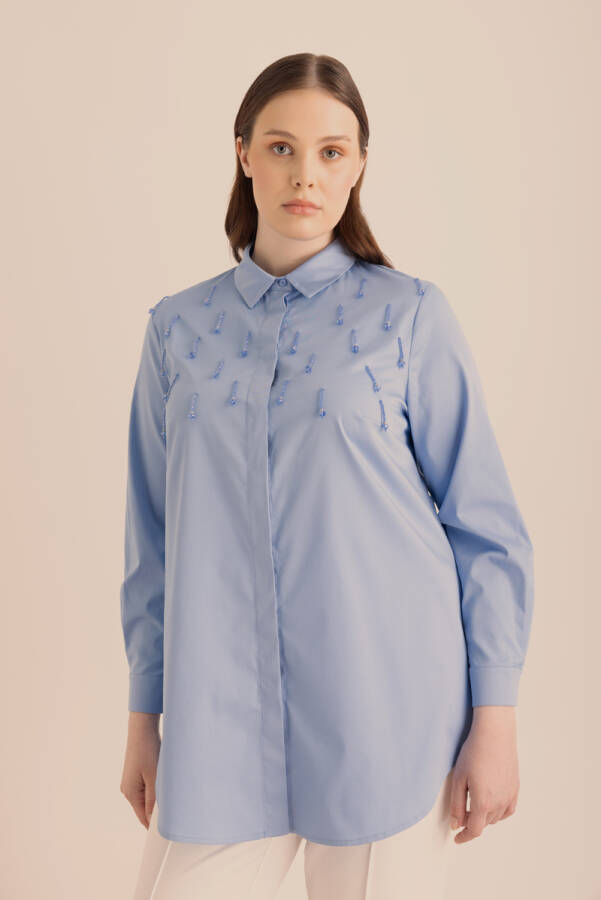 Mavi İşlemeli Cotton Gömlek - 6