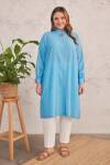 Mavi Kendinden Dokulu Kumaş Tunik - 1