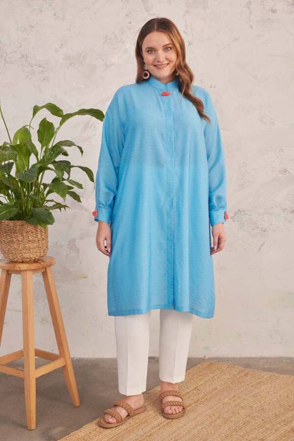 Mavi Kendinden Dokulu Kumaş Tunik - 1