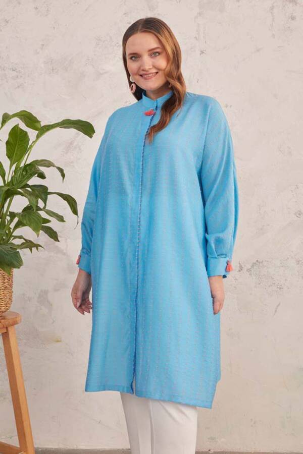 Mavi Kendinden Dokulu Kumaş Tunik - 2