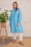 Mavi Kendinden Dokulu Kumaş Tunik - 3