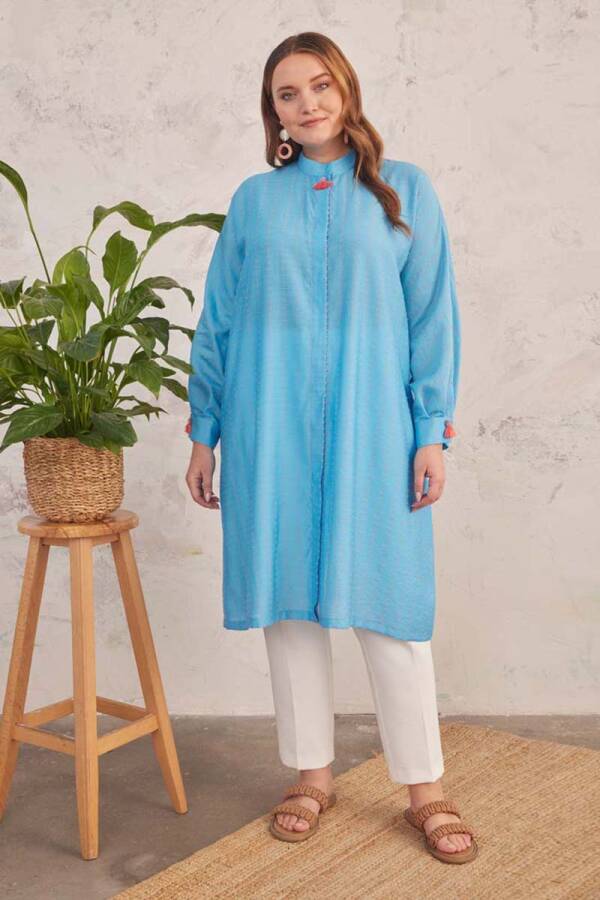 Mavi Kendinden Dokulu Kumaş Tunik - 4