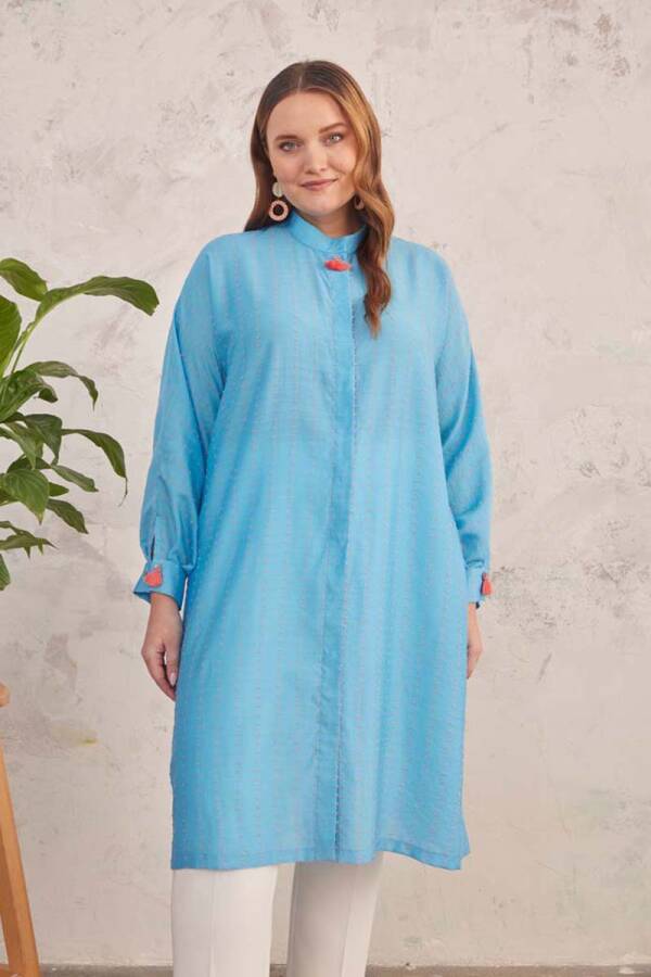 Mavi Kendinden Dokulu Kumaş Tunik - 6