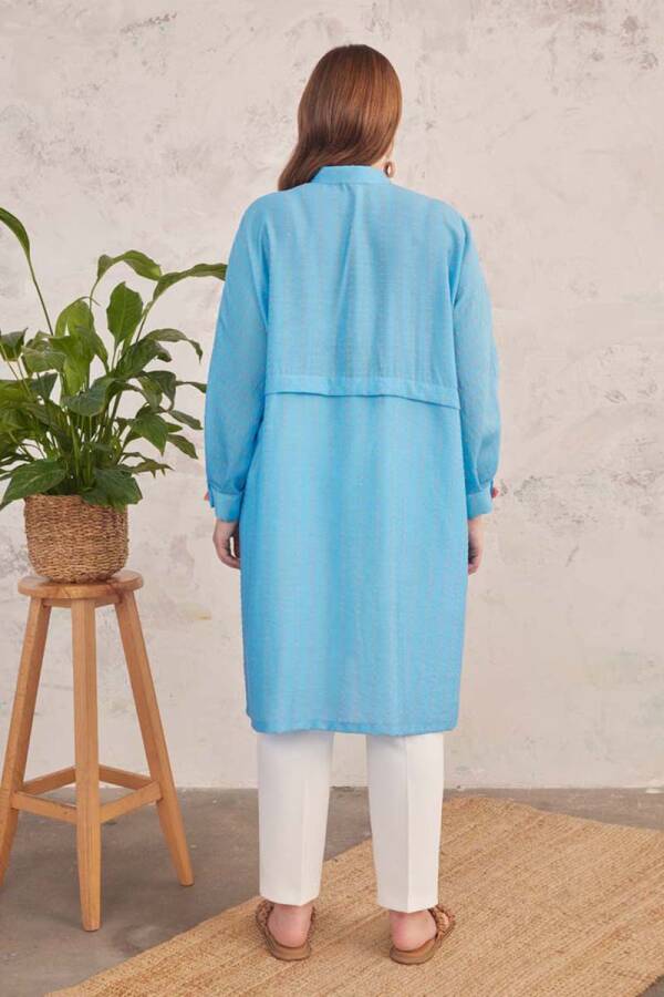 Mavi Kendinden Dokulu Kumaş Tunik - 7