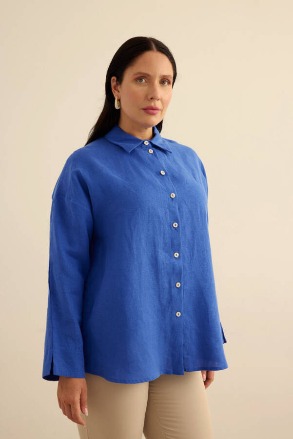 Mavi Keten Gömlek - 3