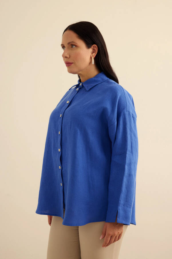 Mavi Keten Gömlek - 4
