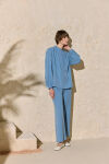 Mavi Nervür Detaylı Bağcıklı Bluz - 1