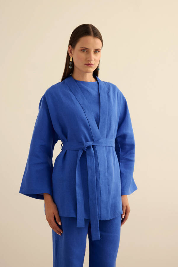 Mavi Seyyar Kuşaklı Keten Kımono - 4