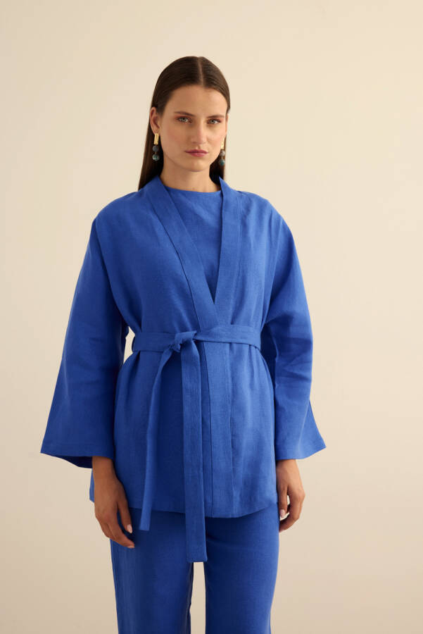 Mavi Seyyar Kuşaklı Keten Kımono - 3