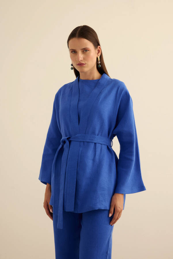 Mavi Seyyar Kuşaklı Keten Kımono - 5