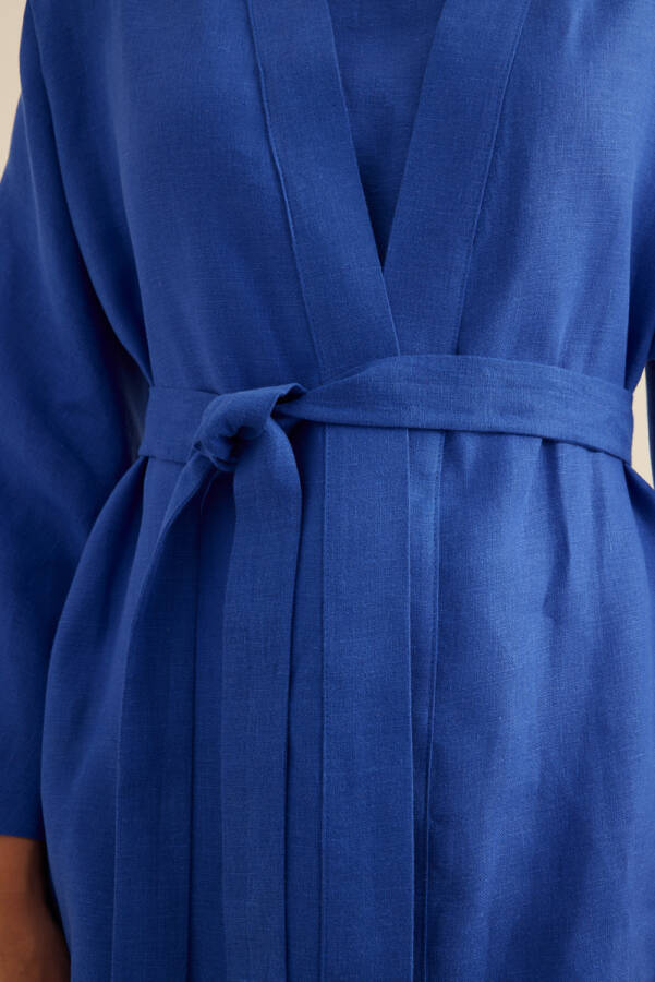 Mavi Seyyar Kuşaklı Keten Kımono - 6