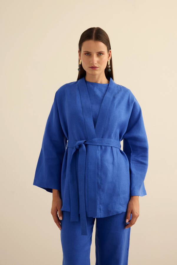 Mavi Seyyar Kuşaklı Keten Kımono - Aker (1)