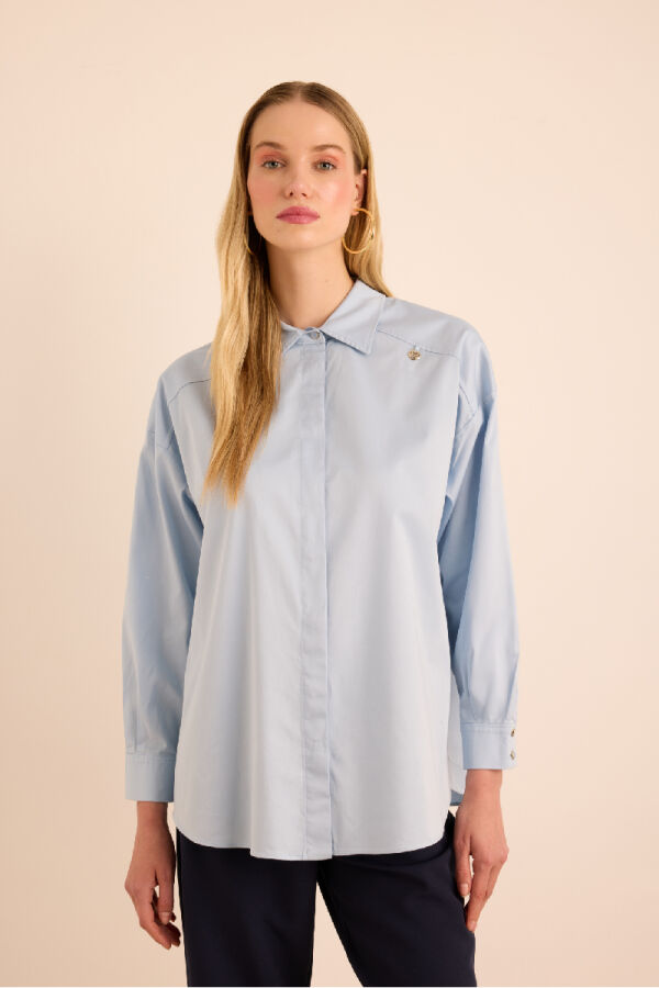 Mavi Sırtı Volan Detaylı Cotton Gömlek - Aker