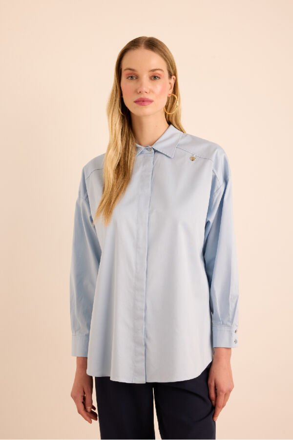 Mavi Sırtı Volan Detaylı Cotton Gömlek - 3