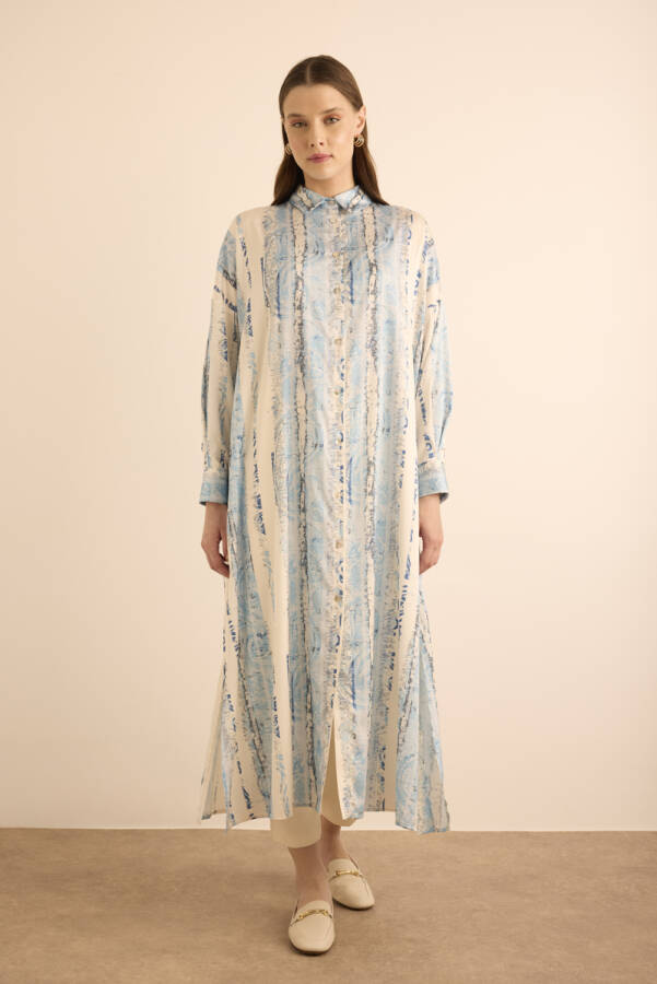 Mavi Desenli Yanları Yırtmaçlı Tunik - 6