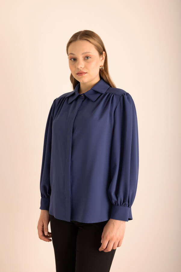 Mavi Yakası İşleme Detaylı Dokuma Gömlek - 6