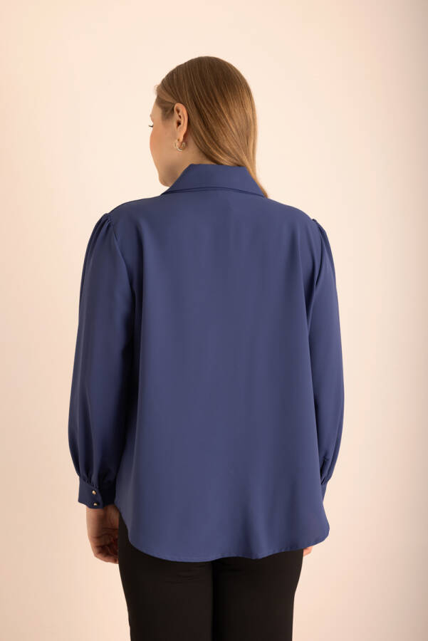 Mavi Yakası İşleme Detaylı Dokuma Gömlek - 7