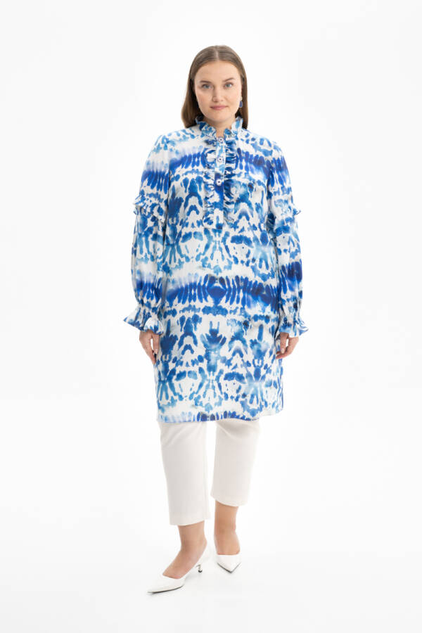 Mavi Yakası Ve Kolları Detaylı Desenli Tunik - 1